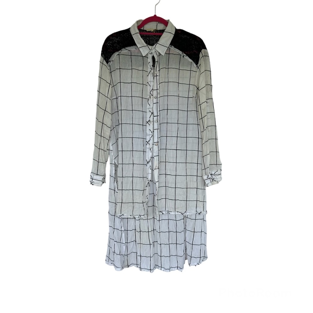 Anthropologie Ryu Long Shirt Dress White Black Lace Long Sleeve Sz L Swim Cover